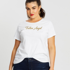 Womens White Fallen Angel T-Shirt 2XL Gift Gold Glitter Logo Statement Tee Large