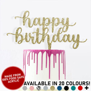 Happy Birthday Acrylic Cake Topper Celebrations Pretty Fancy Script Decoration 20 Colours