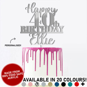 Happy 40th Birthday Personalised Any Name Acrylic Cake Topper Fortieth Celebration 18th 21st 20 Colours