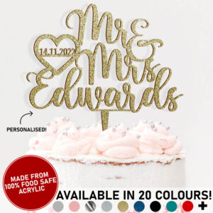 Mr and Mrs Wedding Personalised Surname Name Date Acrylic Cake Topper Marriage Celebration 20 Colours