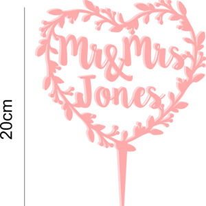 Mr and Mrs Personalised Surname Wedding Acrylic Cake Topper Pretty Heart Name Marriage Celebration 20 Colours