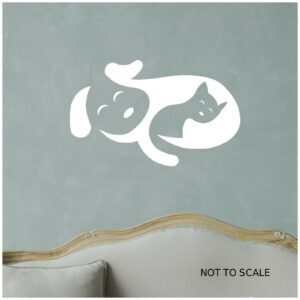Cat and Dog Wall Art Sticker Pets - Animal Cuddling A4 Sized Decal - white 667