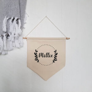 Personalised Name Wreath Wall Hanging Cotton Flag Gift Present Baby Child